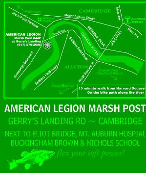 Sept 3 at the American Legion Marsh Post, Gerry's Landing Rd, Cambridge, next to the Eliot Bridge at the intersection of Memorial Drive, Fresh Pond Parkway, and Greenough Boulevard